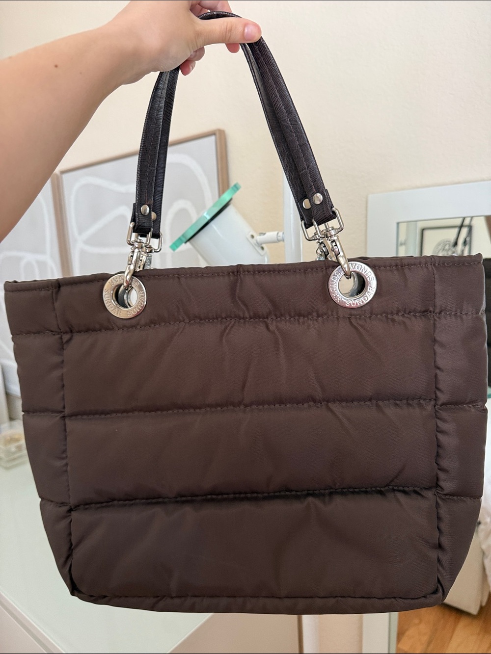 Quilted Puffer Tote in Dark Brown with Silver-Tone Hardware